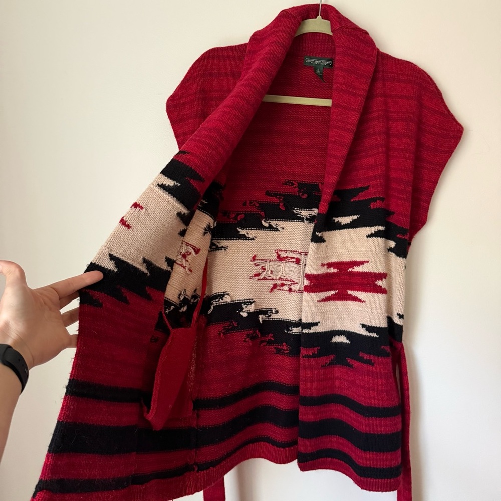 LRL Ralph Lauren Deep Red Native Tribal Aztec Sleeveless Knit Wrap Cardigan, S - Picture 10 of 16